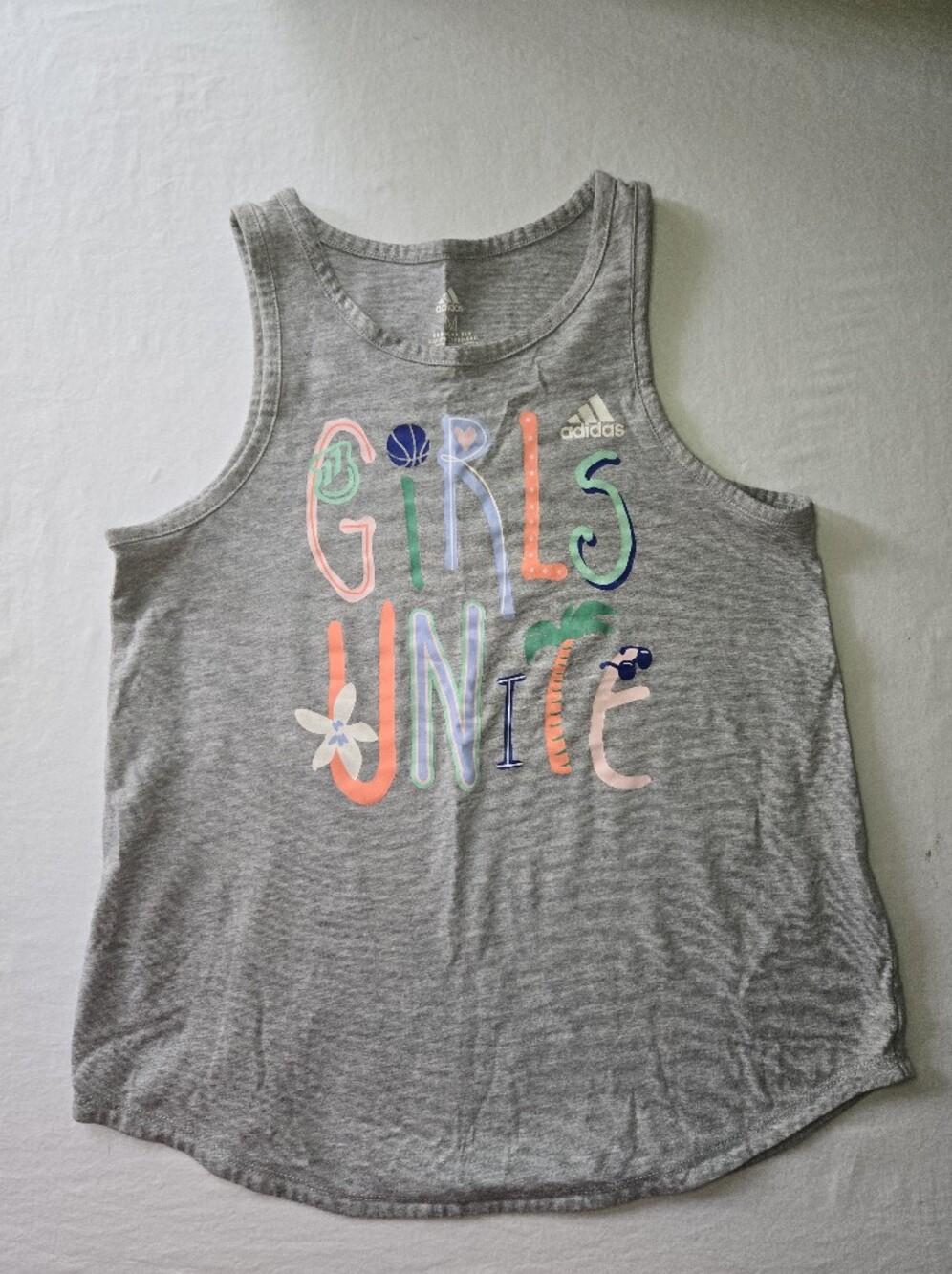 adidas Grey Tank Top with Colorful "Girls Unite" Graphic, Girls M 10/12